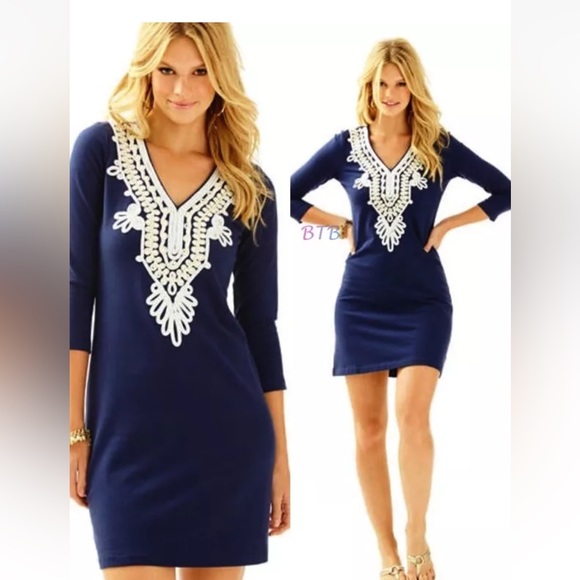 NWT 170.00 LILLY PULITZER CLARKSON V-NECK DRESS NAVY GOLD - Picture 5 of 10
